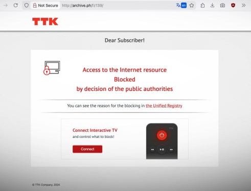 a screenshot showing Archive.today blocked, attributing the block to Russian authorities.