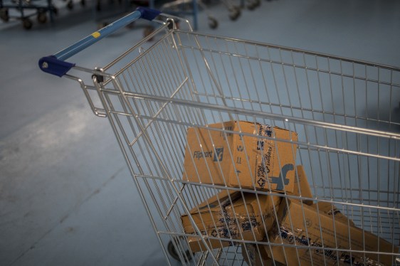 Packages in a cart at a Flipkart.