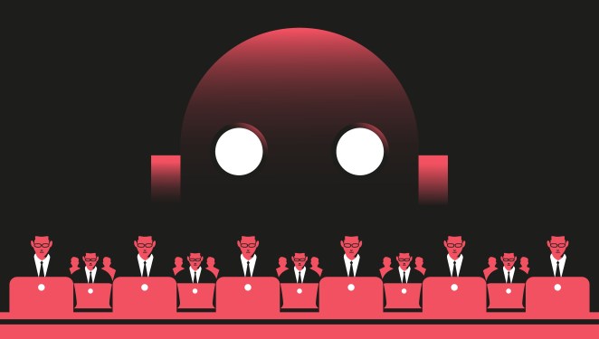 Enterprise, Employees at the computers and giant robot illustration