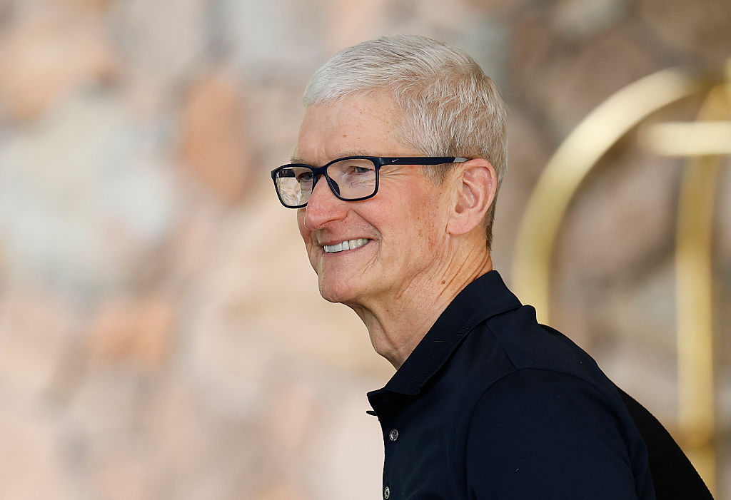 Apple CEO Tim Cook arrives at the Sun Valley lodge for the Allen & Company Sun Valley Conference on July 8, 2025 in Sun Valley, Idaho.