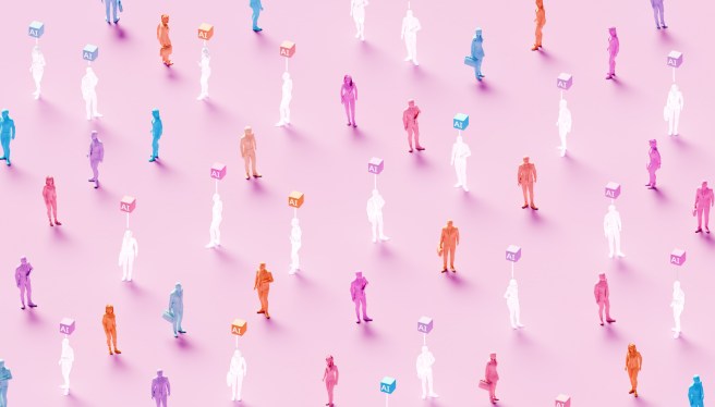 3D rendered conceptual illustration of numerous business figures evenly scattered across a soft pink background: solid colored human workers standing alongside identical translucent ghost-like figures, each translucent worker marked by a glowing “AI” symbol hovering above – powerful visualization of artificial intelligence replacing human workforce, solid employees mixed with their AI-replaced counterparts, automation displacing jobs, digital transformation eliminating roles, technological unemployment, workforce disruption, future of work with AI substitution, and the new era where real human workers are gradually replaced by artificial intelligence.