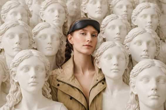 woman wearing Mave Health headset posed in array of marble busts
