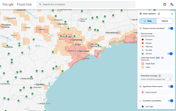 Google's Flood Hub identifies the potential for flash floods in Sao Paolo.