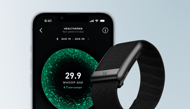 Whoop band and app displayed on smartphone screen